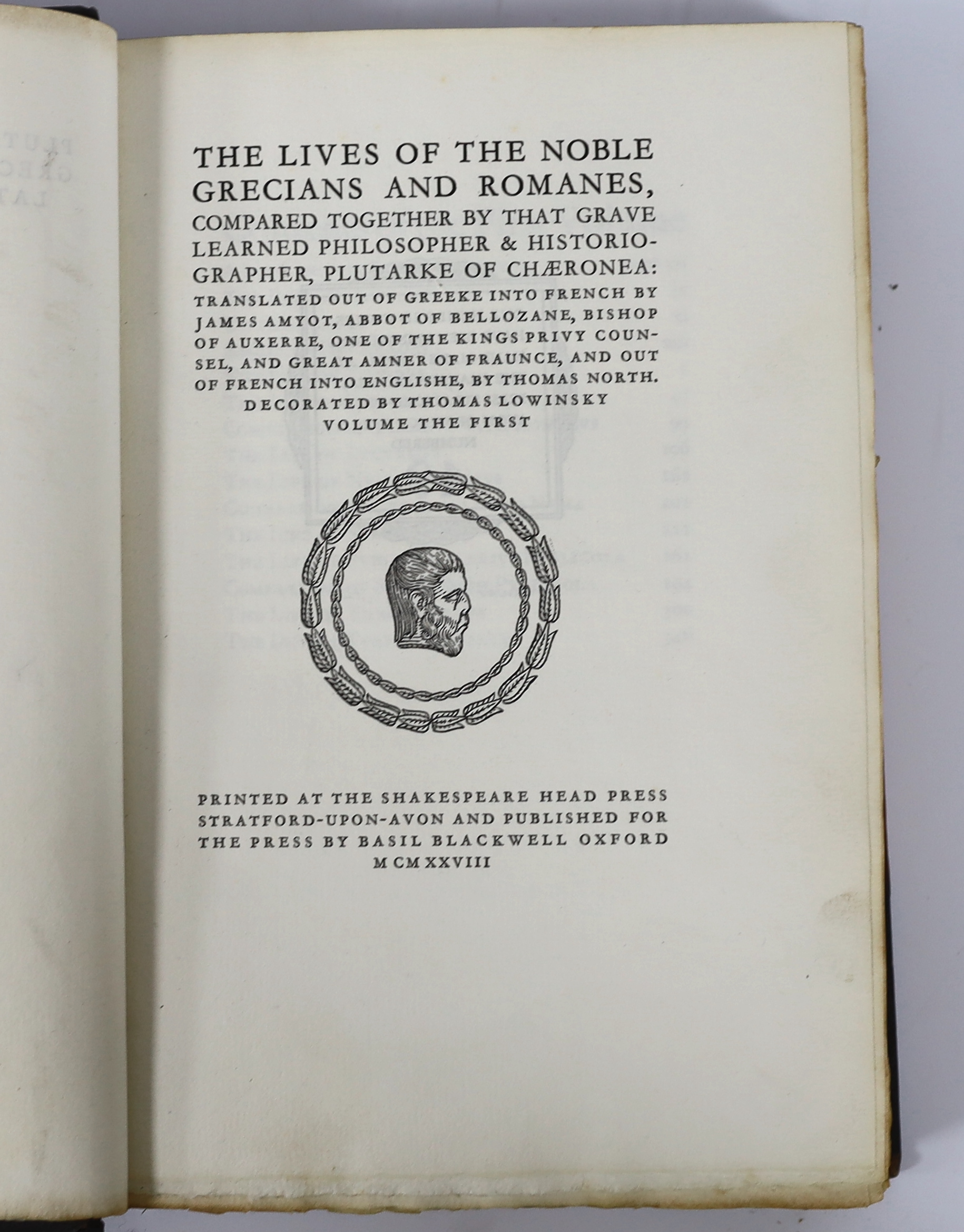 Plutarch - The Lives of the Noble Grecians and Romans....Translated...out of French into Englishe, by Thomas North....8 vols. Limited Edition (of 500 numbered sets). text decorations by Thomas Lowinsky; publisher's black